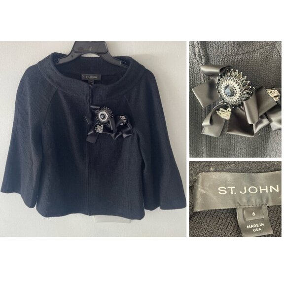 St. John Black Flower Embellished Full Zip Cardigan Sweater 27072 - Picture 1 of 7